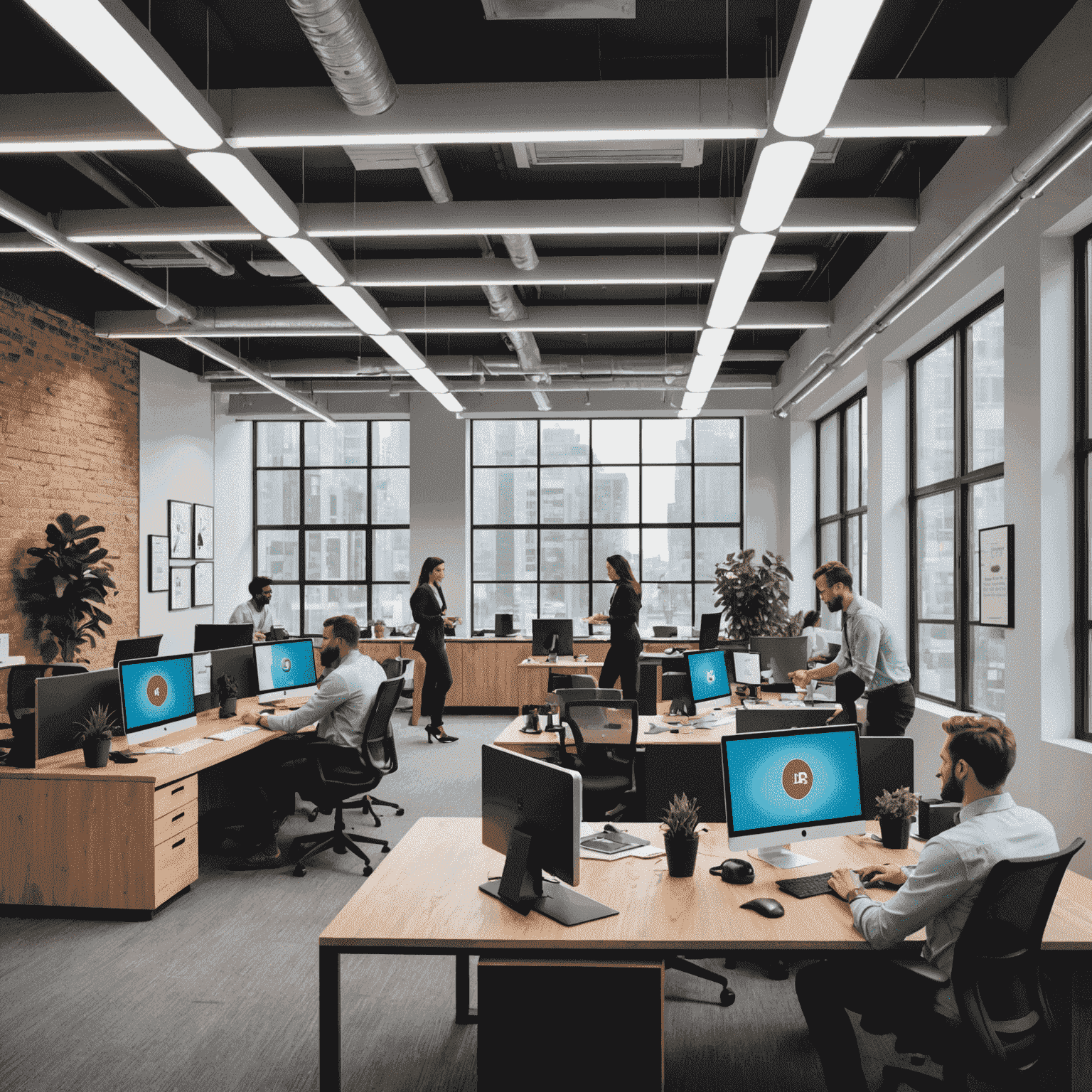 A modern office space with young professionals collaborating on a project, surrounded by sleek technology and vibrant energy