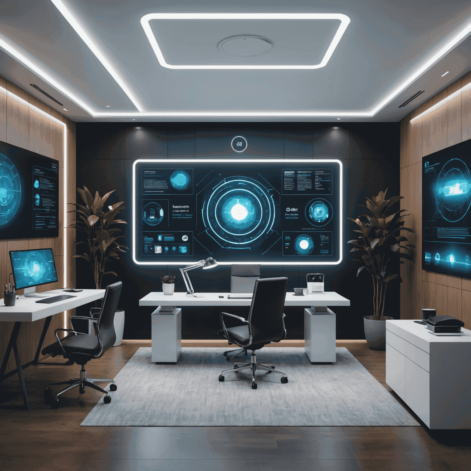 A futuristic consulting room with holographic displays and AI assistants, showcasing cutting-edge technology in the consulting industry