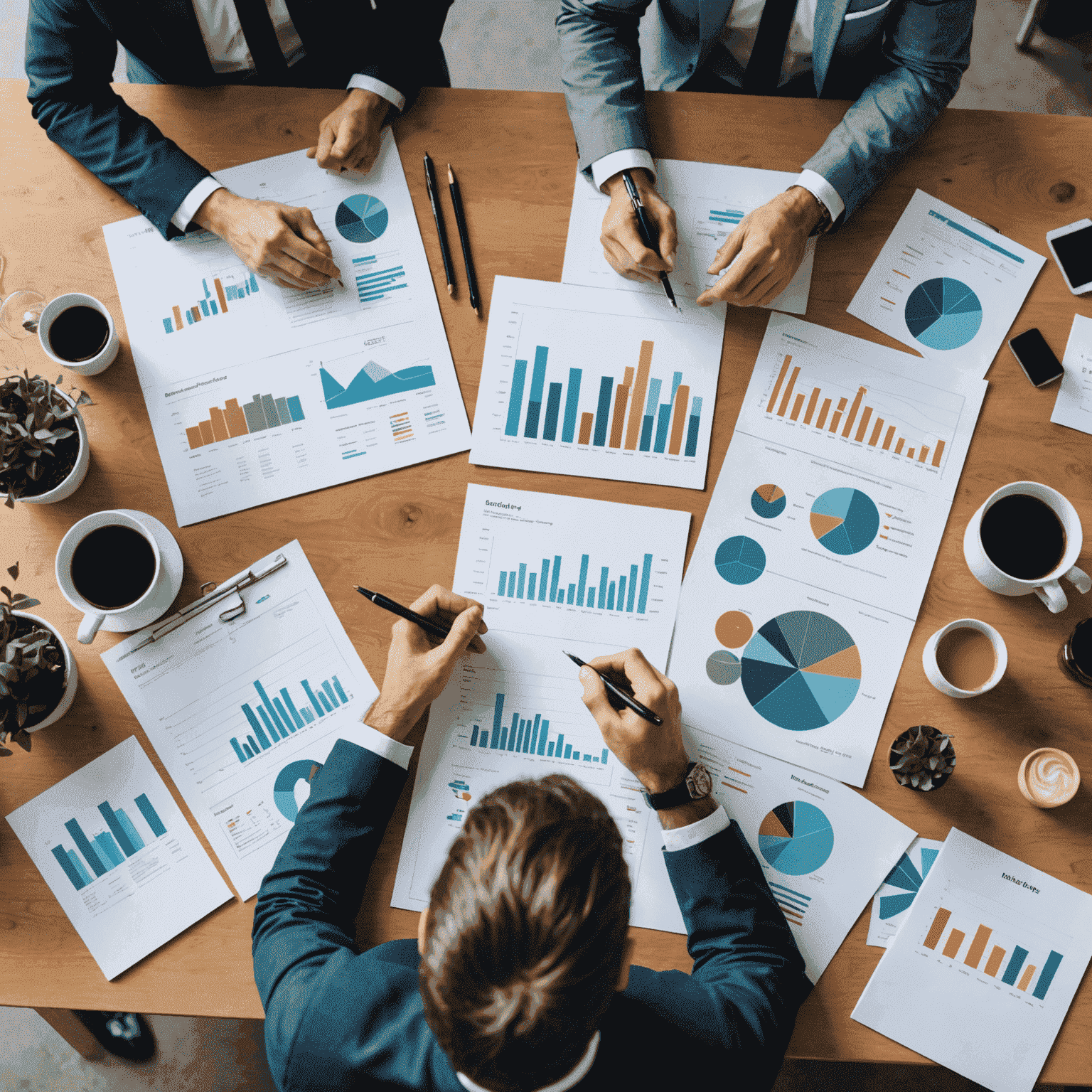 A group of professionals gathered around a table with charts and graphs, discussing long-term business strategies and growth plans