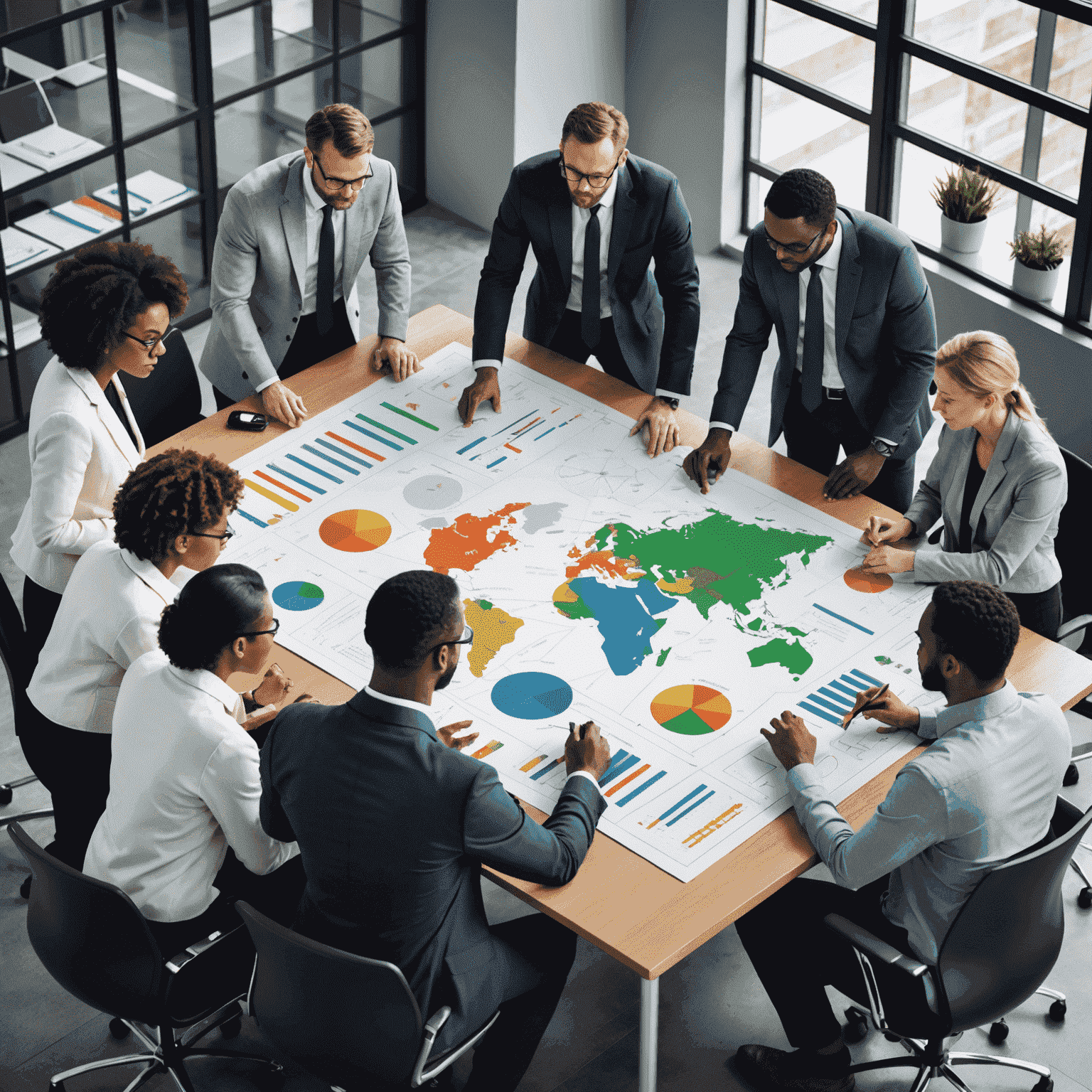 A detailed illustration showing a group of diverse professionals gathered around a large strategy board, analyzing charts, graphs, and roadmaps. The image conveys collaboration, forward-thinking, and complex problem-solving in a modern office setting.