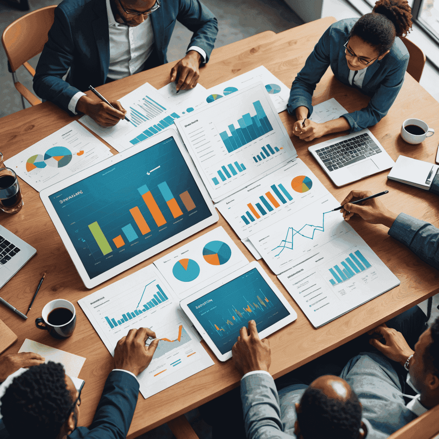 Illustration showing data analysis, charts, and market trends with people collaborating