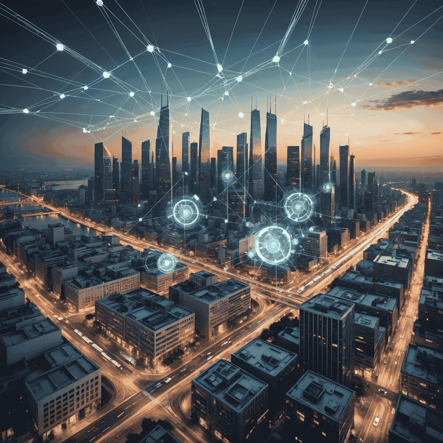 A futuristic cityscape with interconnected digital networks overlaying buildings and infrastructure, symbolizing the process of digital transformation in modern businesses