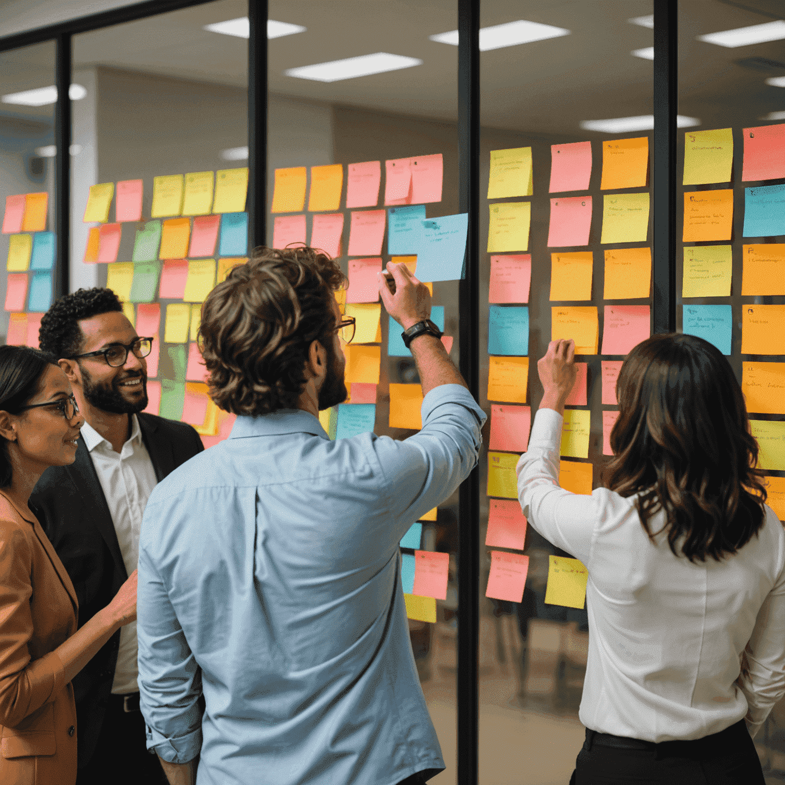 A diverse team of professionals collaborating on a change management strategy, using sticky notes on a glass wall to map out transition plans