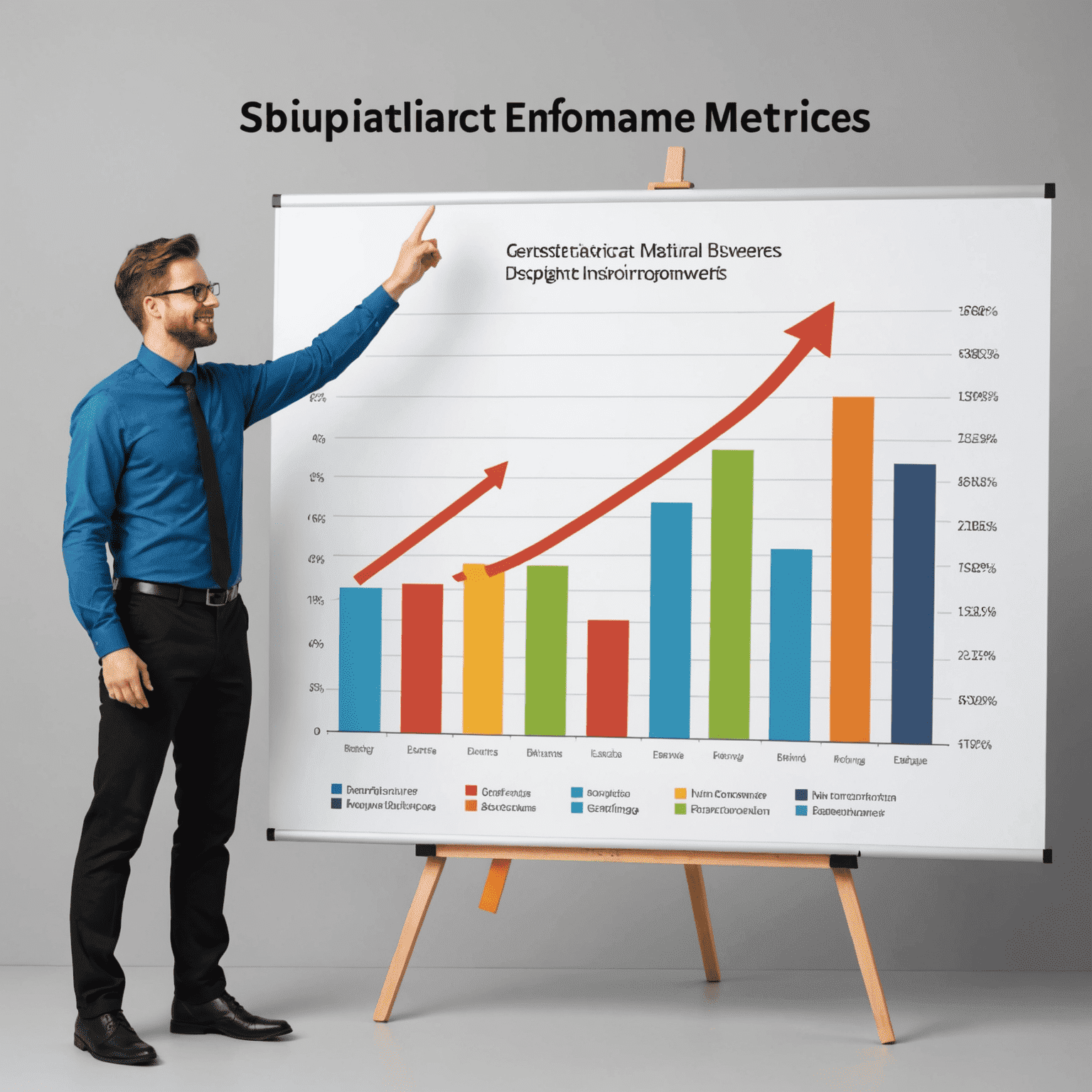 A graph showing increasing performance metrics, with arrows pointing upwards and a person standing next to it, gesturing towards the improvements