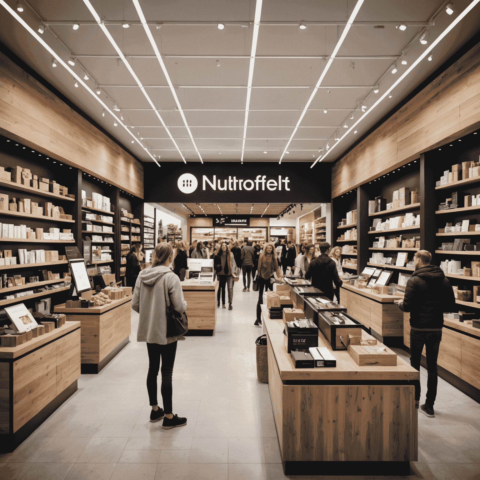 A bustling retail store with happy customers and staff, showcasing a modern layout and digital integration