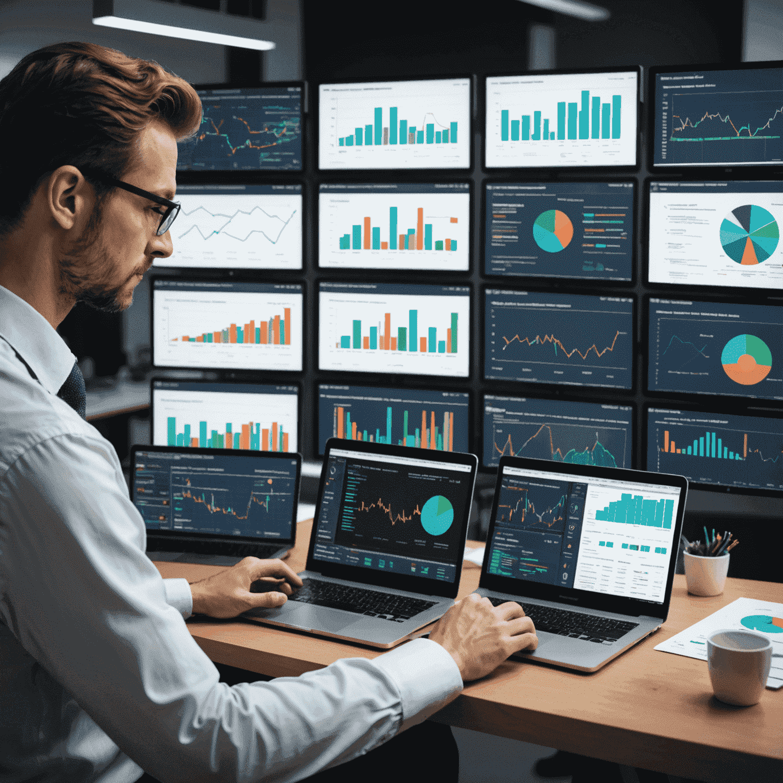 A researcher analyzing market trends on multiple screens, surrounded by data visualizations and competitor analysis reports