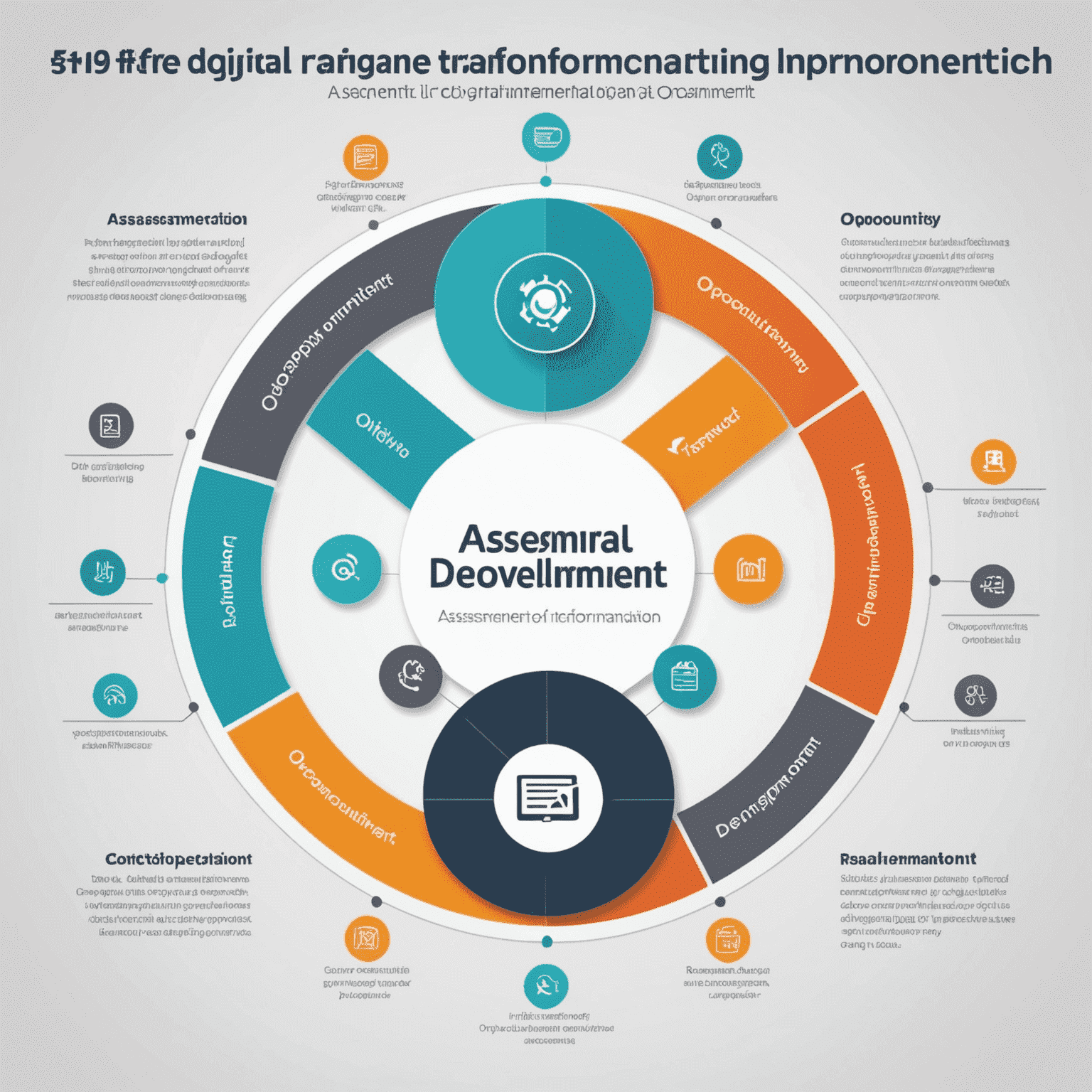 A diagram showing the five steps of our digital transformation approach: assessment, opportunity identification, roadmap development, implementation, and continuous improvement