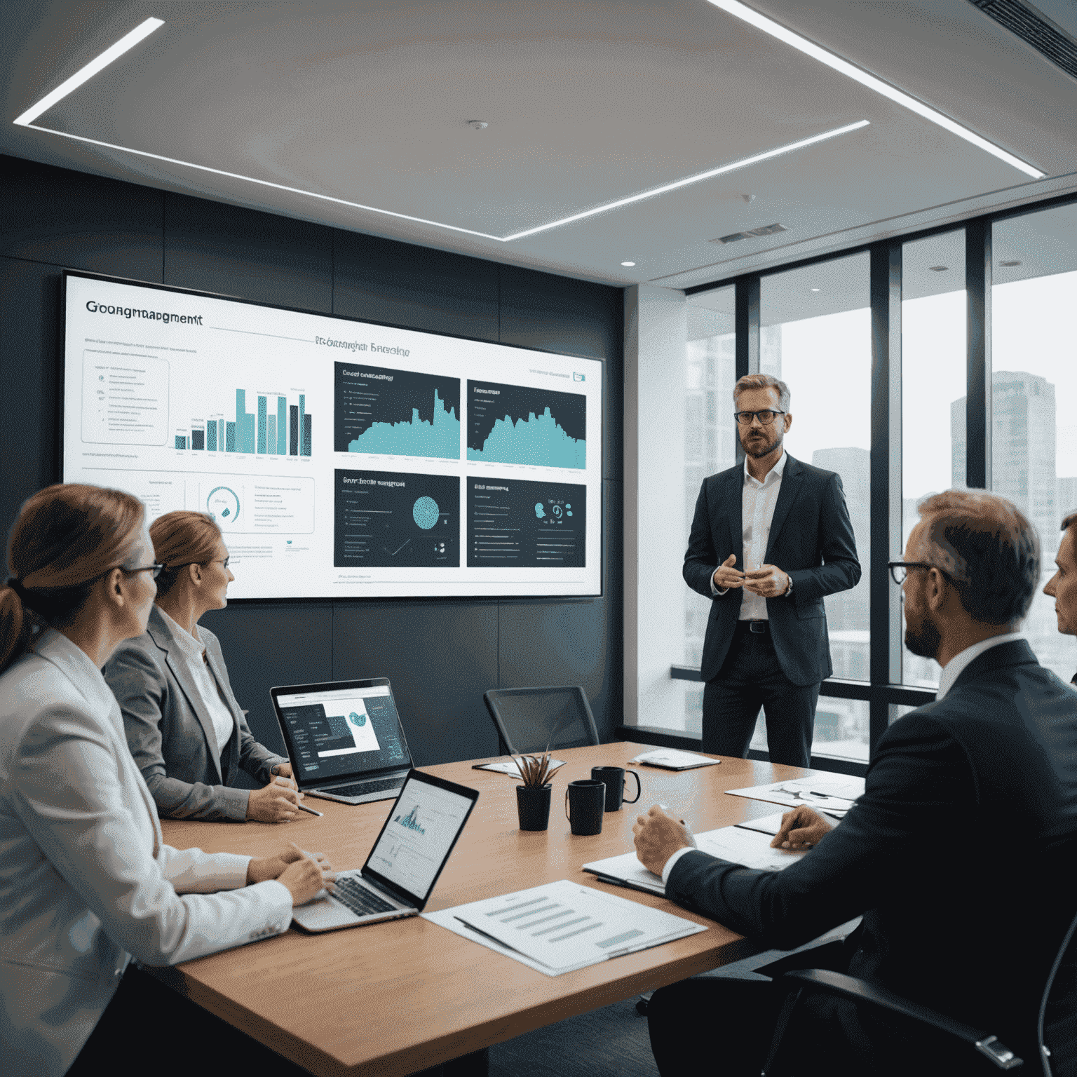 A consultant presenting a change management roadmap to a group of executives in a modern boardroom, with digital screens displaying data and transition timelines