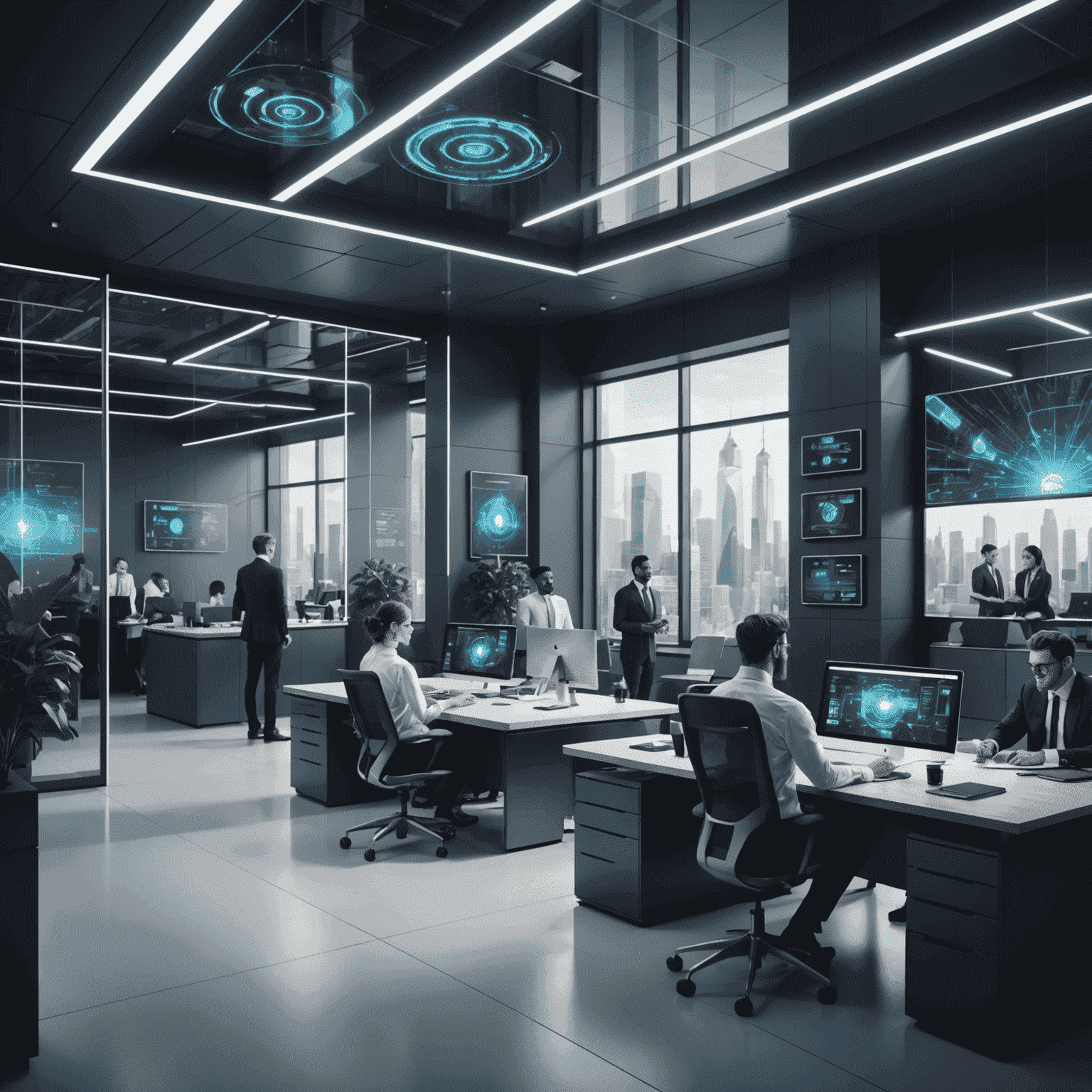 A futuristic office space with employees using advanced technology, representing a business undergoing digital transformation