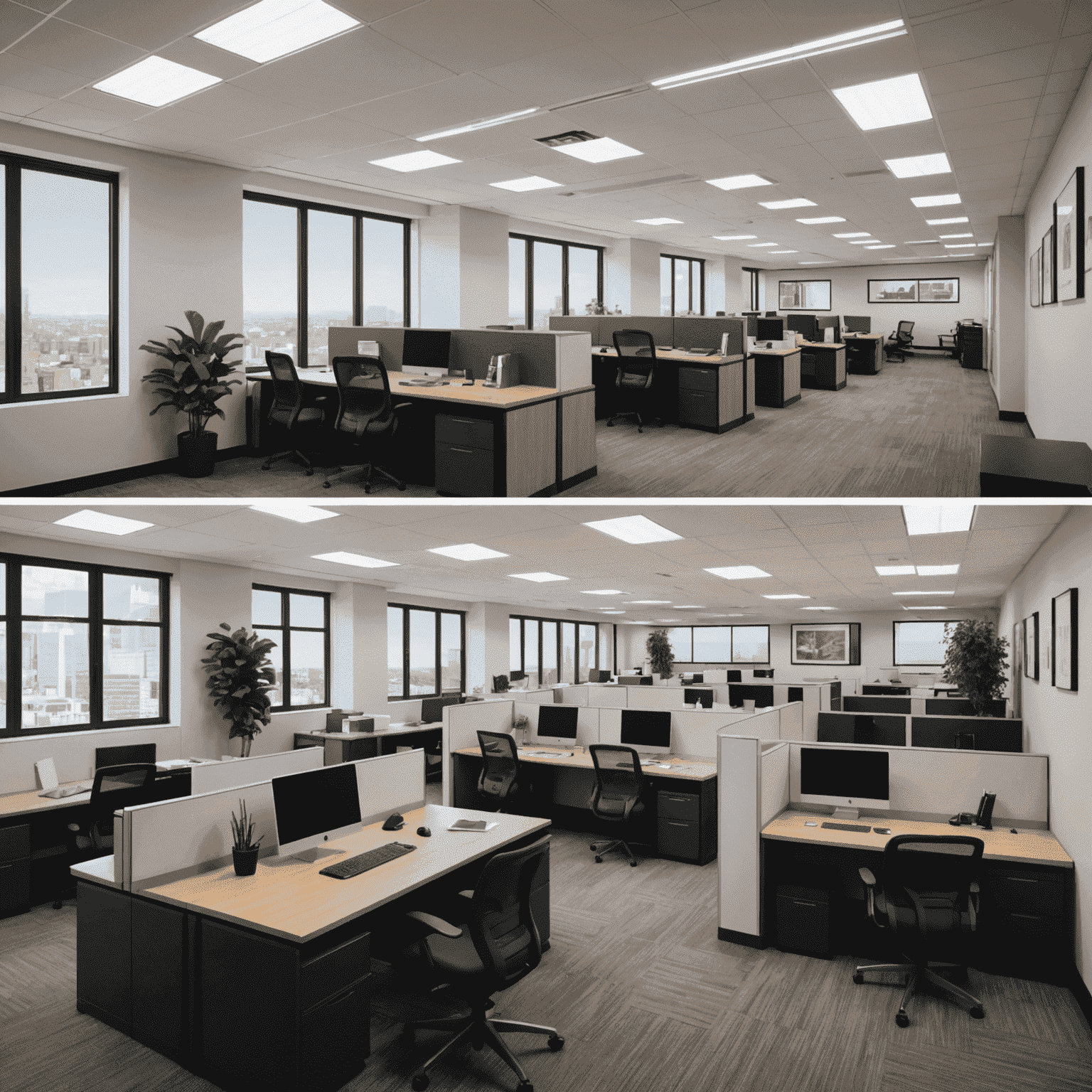 A before and after comparison of an office space, showing the transformation from a traditional setup to a modern, collaborative environment as a result of successful change management