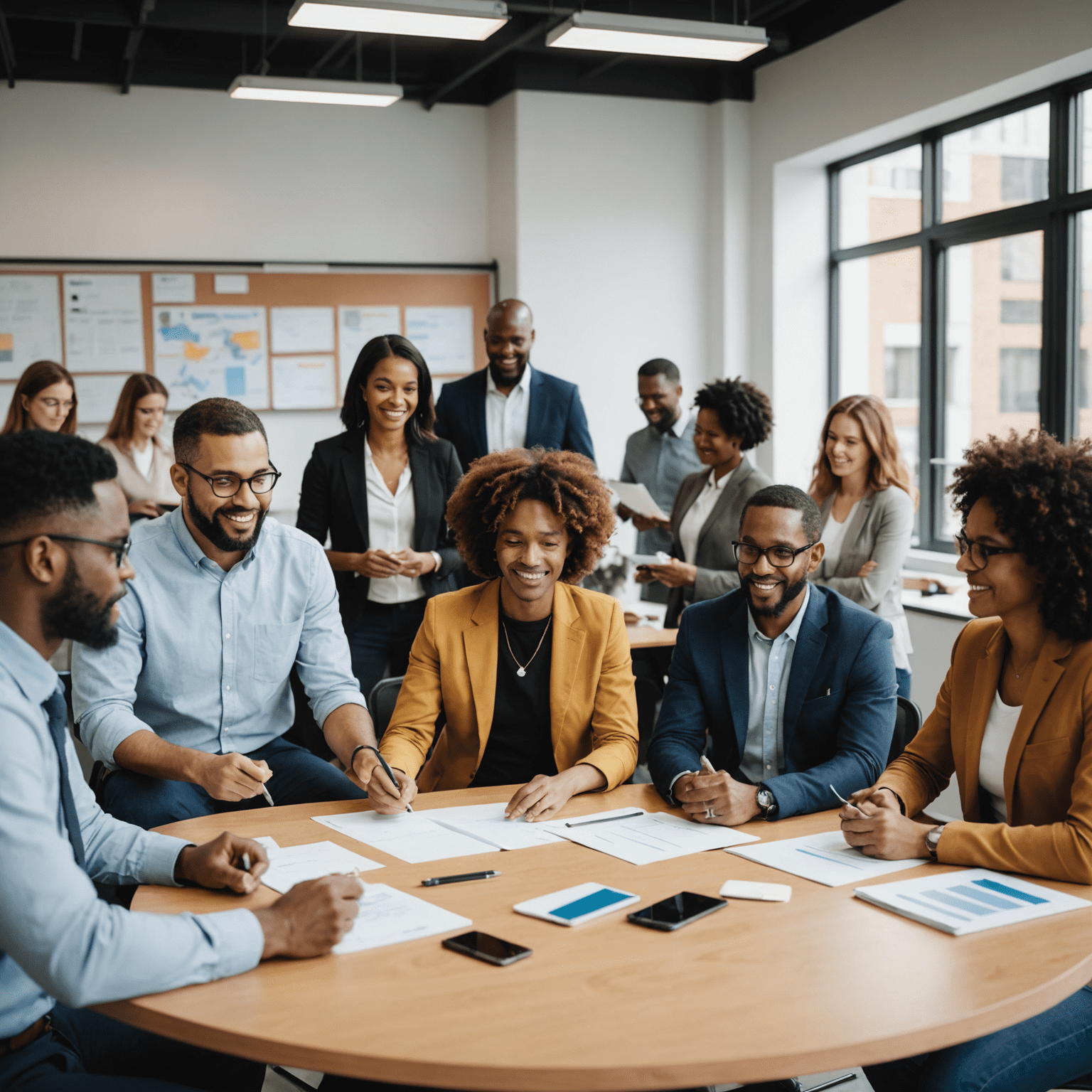 A diverse group of employees engaged in a workshop, learning about new organizational changes and adapting to new business environments