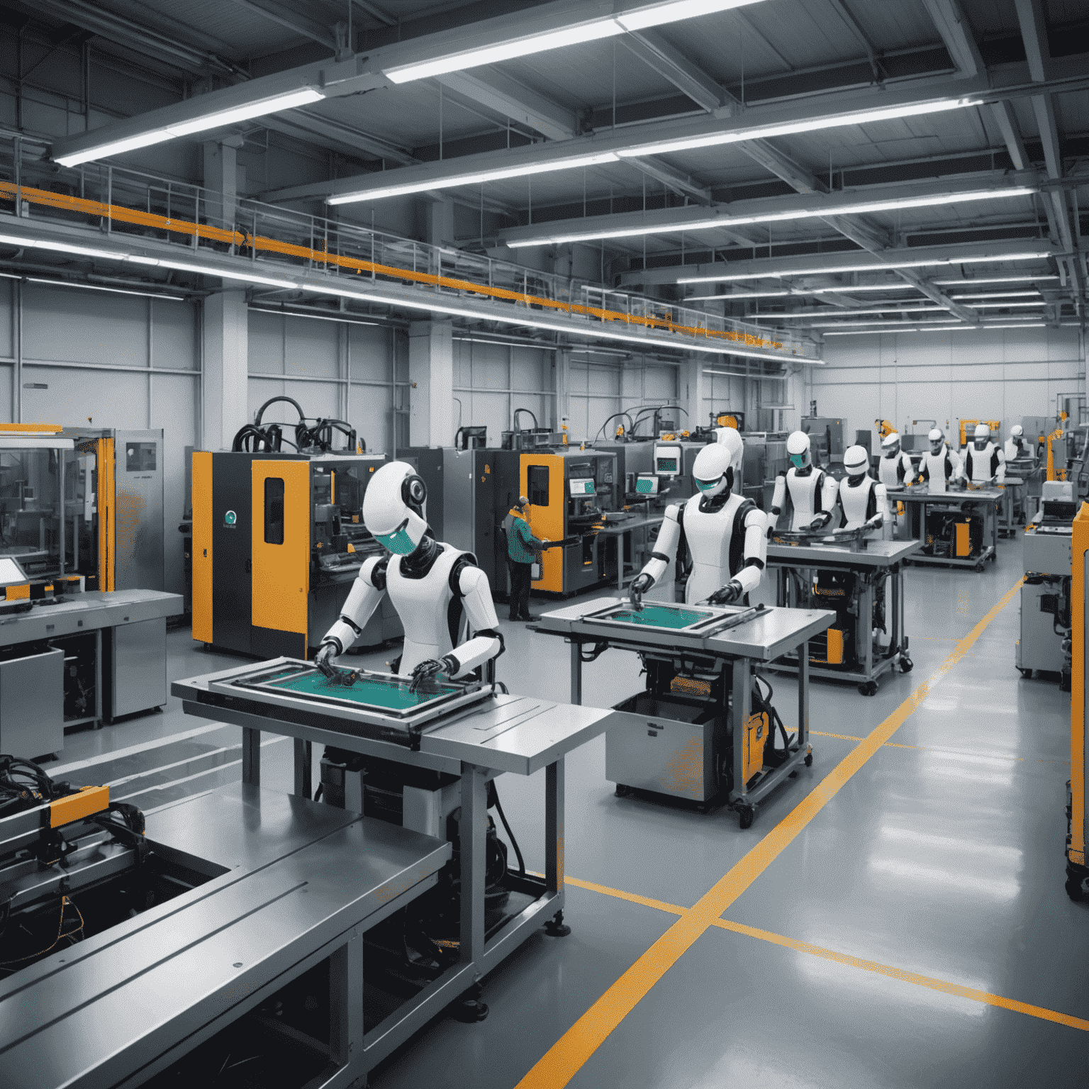 A clean, high-tech manufacturing facility with workers using advanced robotics and eco-friendly processes