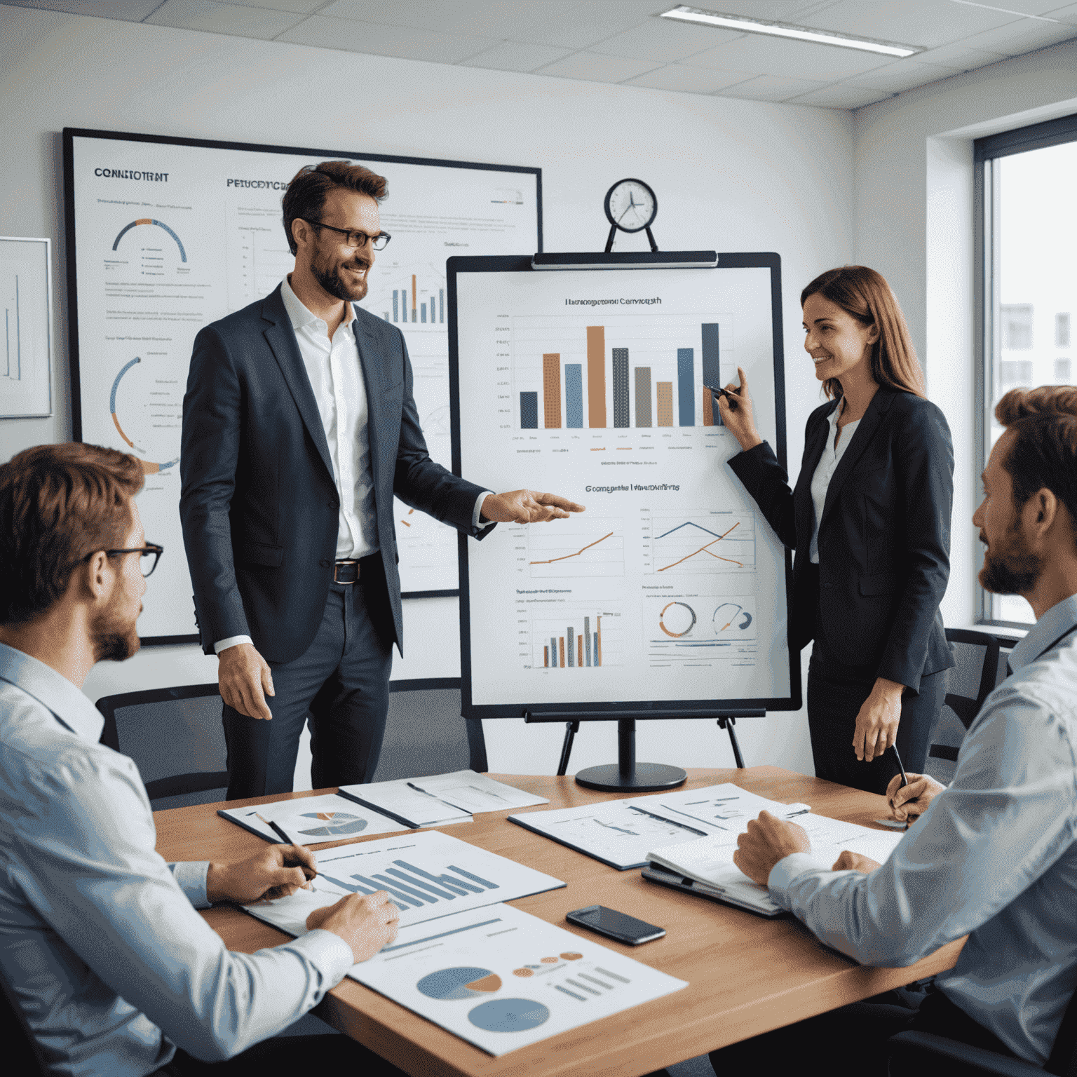 A consultant presenting performance improvement strategies to a team, with graphs showing increased efficiency and financial growth