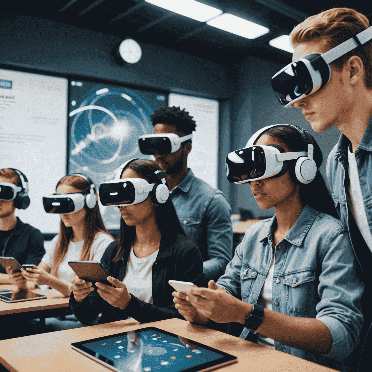 A diverse group of students engaged in online learning using tablets and VR headsets in a futuristic classroom setting